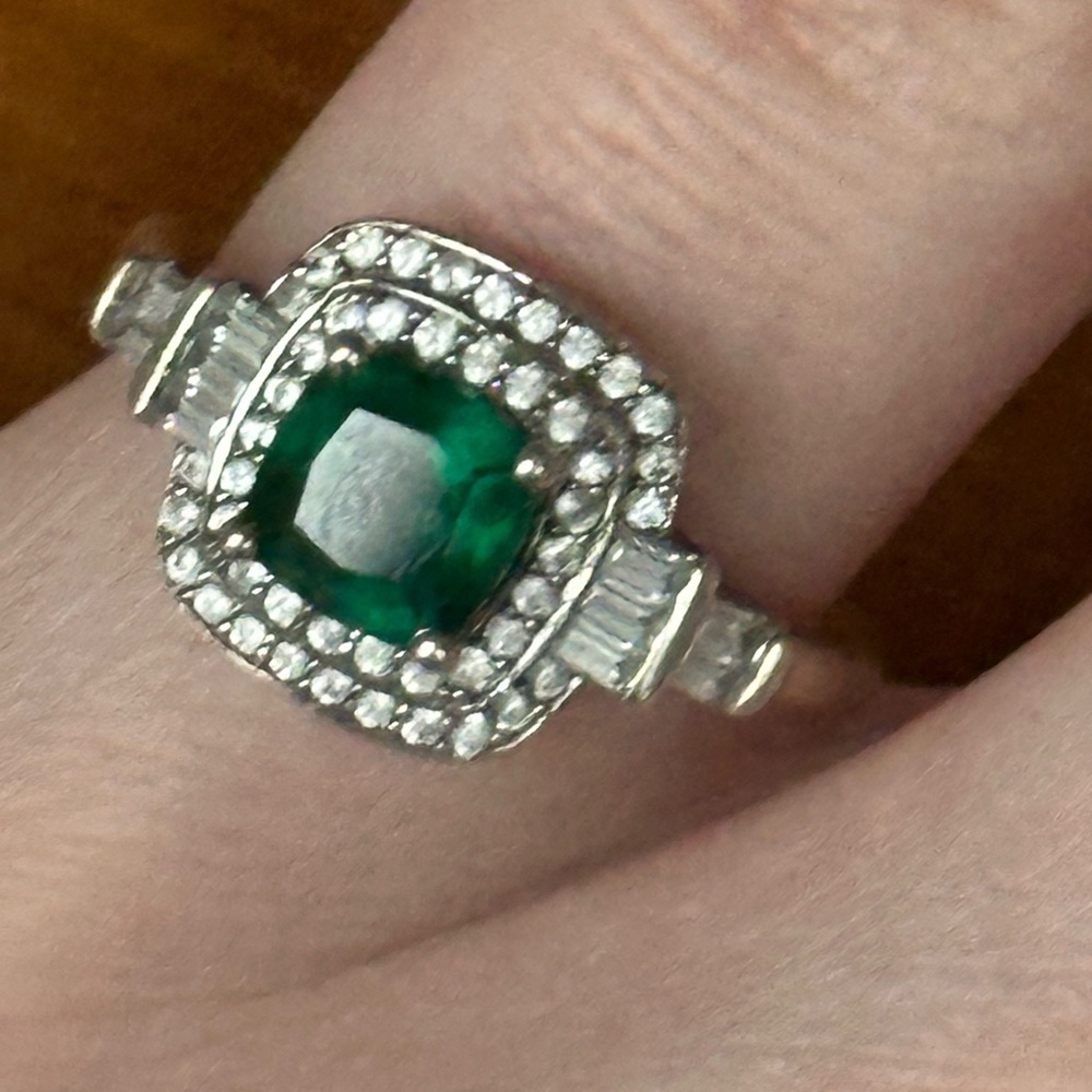 Emerald and diamond silver ring
